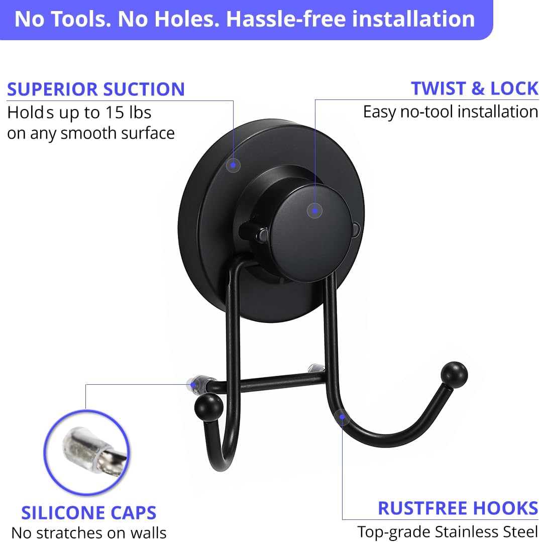 HOME SO Suction Cup Hooks for Shower & Bathroom Towel Holder 1-Pack – Suction Cups Hooks for Hanging Towels, Robes, & Coats - Tiles, Glass Door or Mirror – Shower and Towel Hooks - Chrome, Stainless