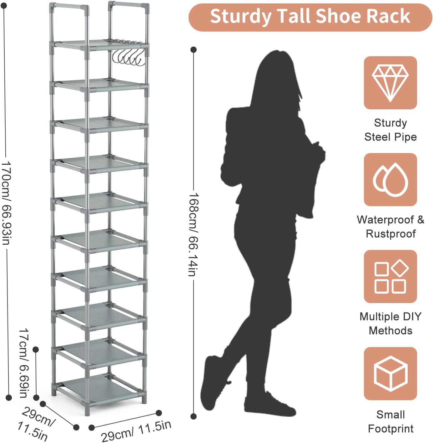 LANTEFUL Tall Narrow Shoe Rack for Entryway, 10-Tier Sturdy Metal Shoe Shelf Storage 10-15 Pairs of Shoes and Boots, Space Saving Corner Shoe Rack Organizer for Closet,Doorway,Garage,Living Room