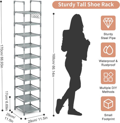 LANTEFUL Tall Narrow Shoe Rack for Entryway, 10-Tier Sturdy Metal Shoe Shelf Storage 10-15 Pairs of Shoes and Boots, Space Saving Corner Shoe Rack Organizer for Closet,Doorway,Garage,Living Room