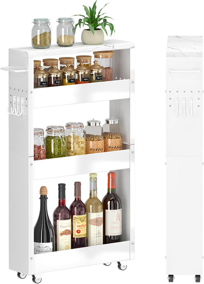 XYZLVSI Slim Storage Cart, Narrow Kitchen Rolling Cart for Small Spaces | 5.9" W skinny storage cart, 12.4" bottom metal utility cart with 360° swivel wheels for bathroom/laundry, slim shelf, white