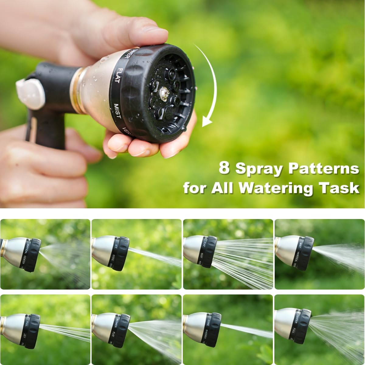 FANHAO Garden Hose Nozzle 100% Heavy Duty Metal, Water Hose Sprayer High Pressure with 8 Spray Patterns, Thumb Control, On Off Valve for Garden Watering, Car and Pet Washing