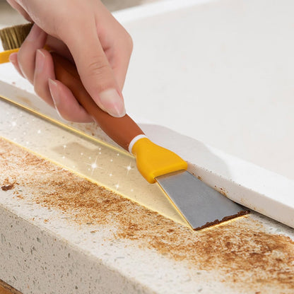 Multipurpose Kitchen Cleaning Brush with Stiff Bristles and Double-Ended Stainless Steel Scraper, Heavy-Duty Stove Cleaner for Gas Burners and Refrigerator Defrosting, Yellow