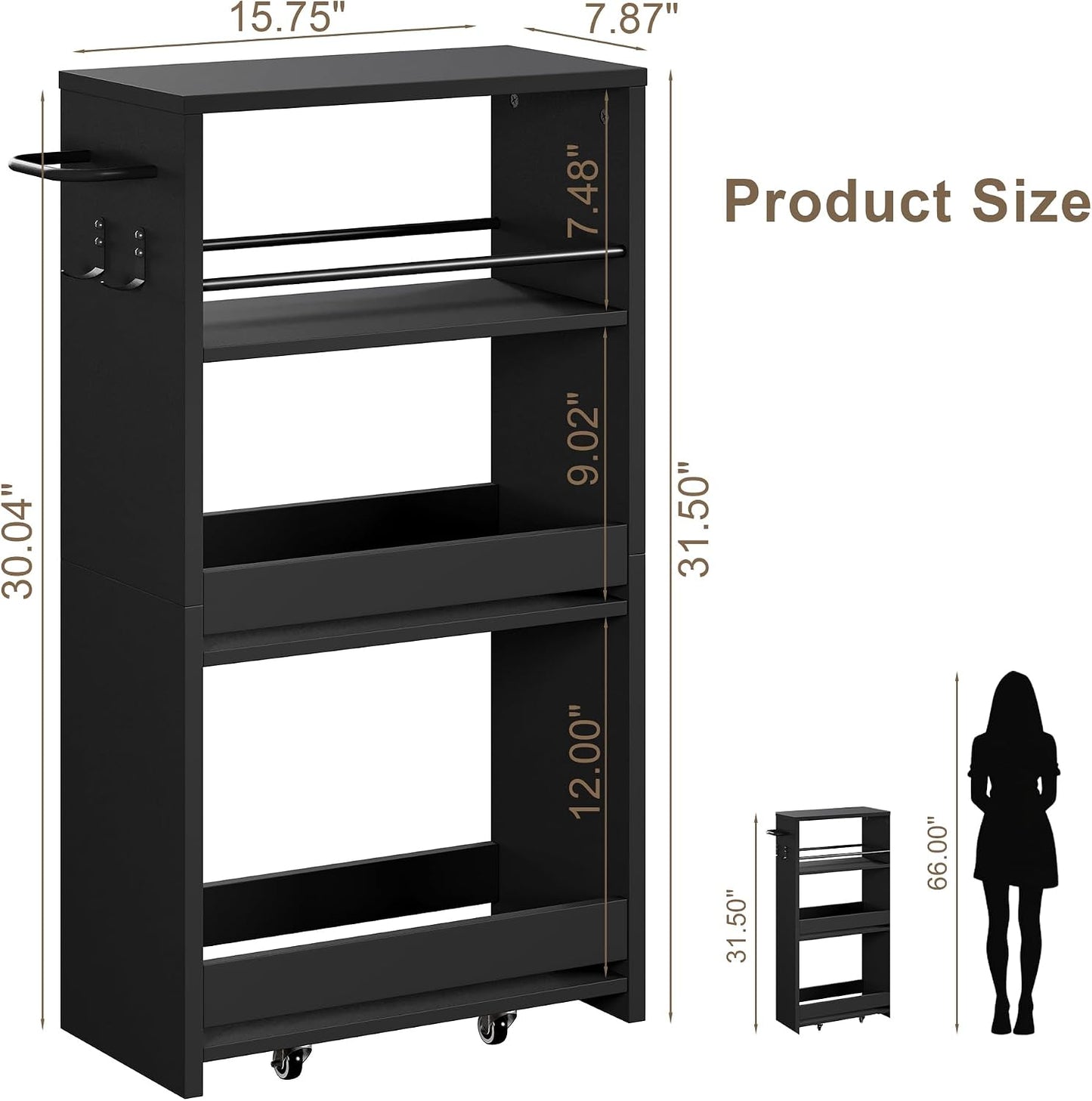 ChooChoo 4-Tier Slim Storage Cart, 7.87 inches Wide Narrow Storage Cabinet with 360° Wheels and 2 Hooks, Space-Saving Organizer for Kitchen, Narrow Places, Dining Room, Walnut+White