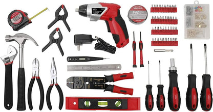 Apollo Tools 161-Piece Complete Household Tool Set with 3.6 Volt Lithium-Ion Cordless Screwdriver and Most Needed Hand Tools Selection for Boats, Vehicle and Garage - Red - DT0739