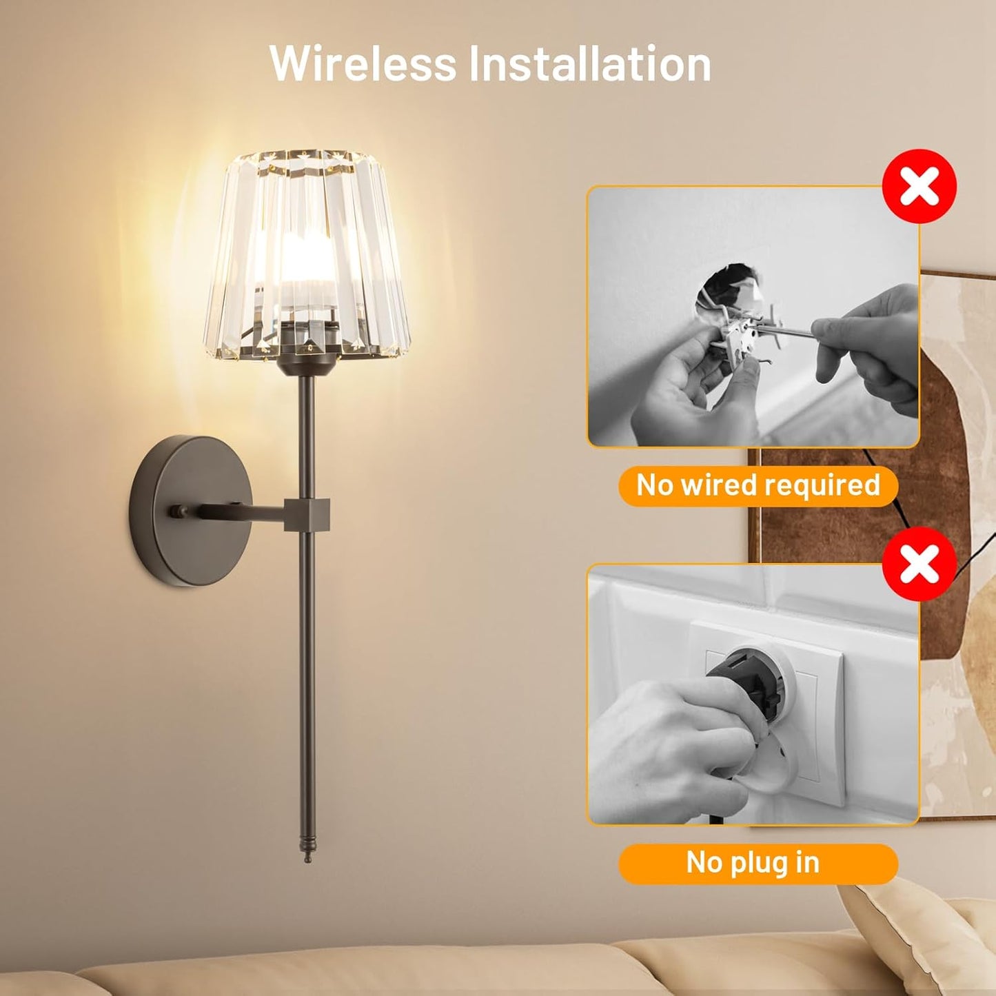 Crystal Battery Operated Wall Sconces Set of 2, Gold Rechargeable Wireless Wall Sconce Lights with Crystal Lampshade, 12 RGB and 3CCT Dimmable Wall Lamps with Remote for Bedroom Living Room Hallway