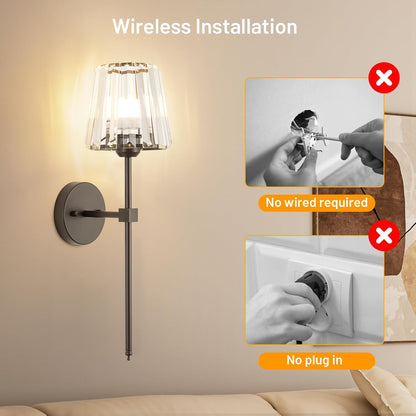 Crystal Battery Operated Wall Sconces Set of 2, Gold Rechargeable Wireless Wall Sconce Lights with Crystal Lampshade, 12 RGB and 3CCT Dimmable Wall Lamps with Remote for Bedroom Living Room Hallway