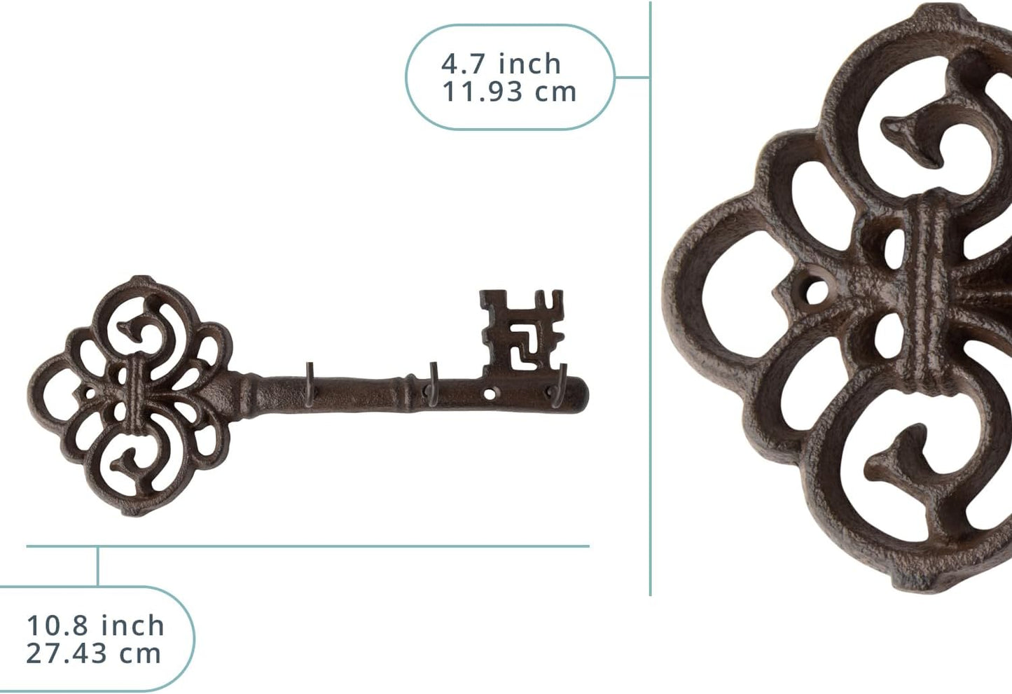 Comfify Brown Cast Iron Skeleton Key Wall Hook – 3 Hooks, 10.8" L | Brown; cast iron; 10.8"L x 2"W x 4.7"H; 3 hooks; KEYS embossed; matching brown screws; farmhouse entryway decor