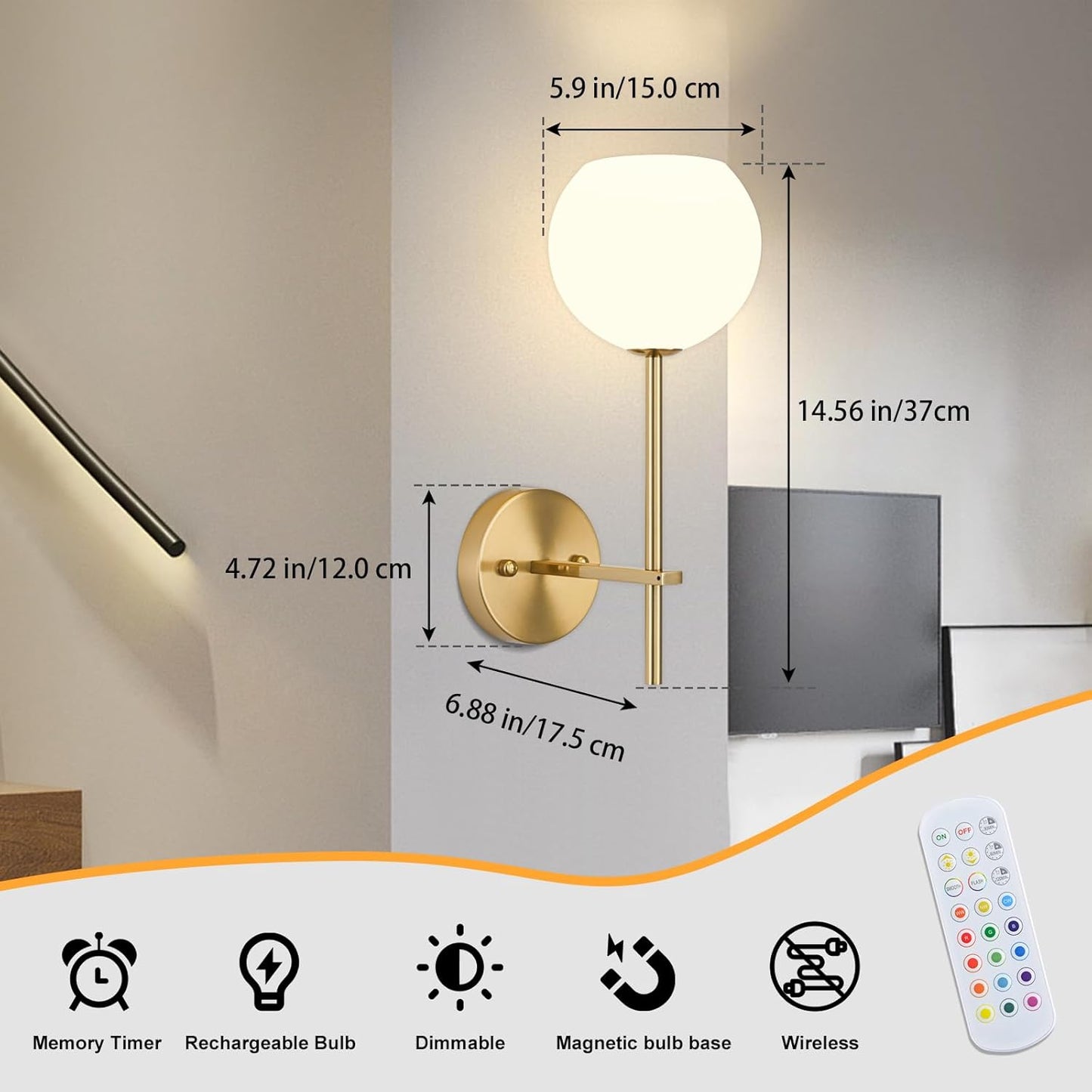 Brass Battery Operated Wall Sconces Set of 2, Rechargeable Wireless Wall Lights with Milky White Frosted Glass, 12 RGB and 3CCT Dimmable, Wall Lamps with Remote for Bedroom Living Room Hallway