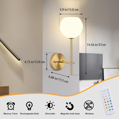 Brass Battery Operated Wall Sconces Set of 2, Rechargeable Wireless Wall Lights with Milky White Frosted Glass, 12 RGB and 3CCT Dimmable, Wall Lamps with Remote for Bedroom Living Room Hallway