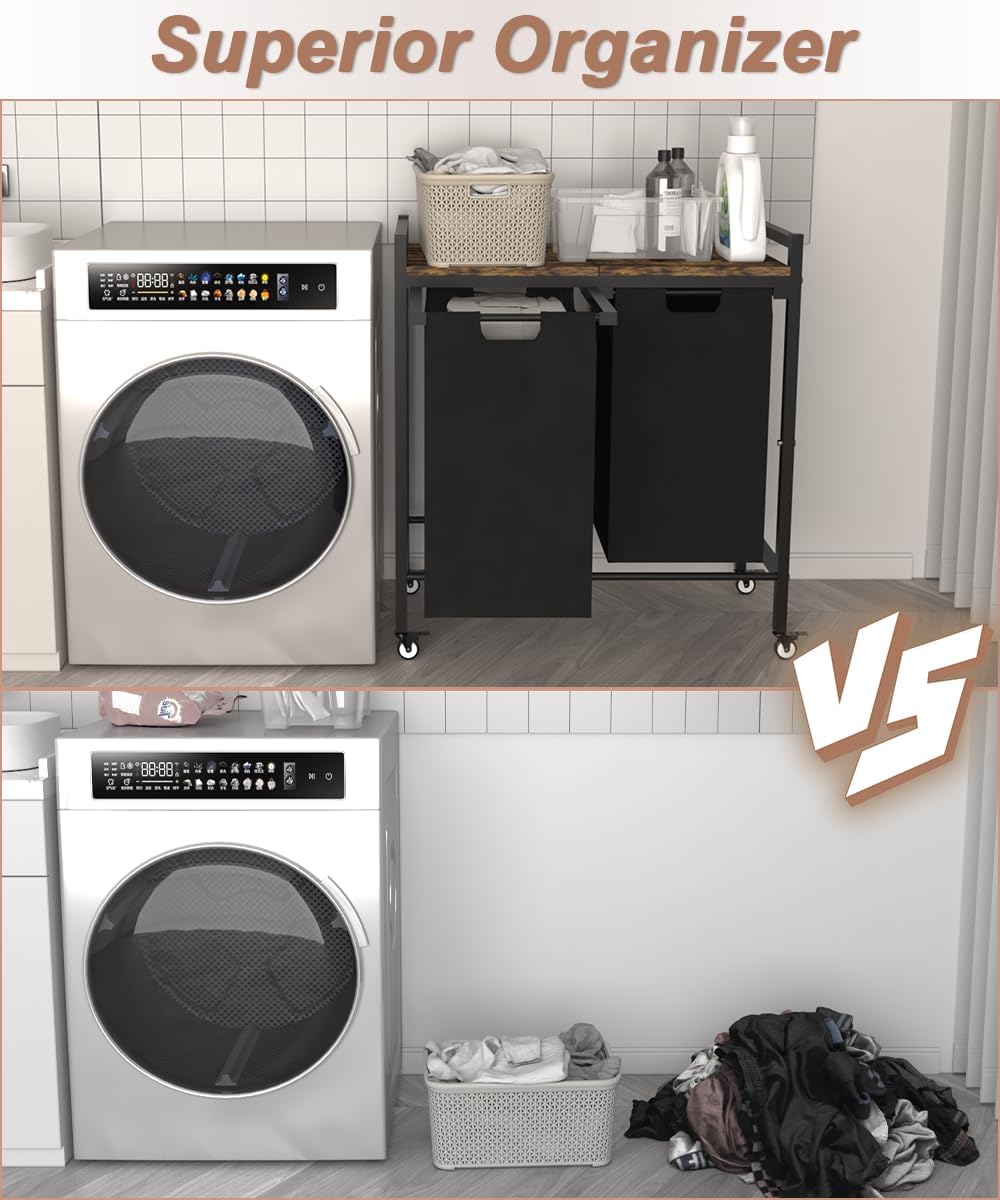 10 x 3 Gal Large Laundry Hamper with 3 Pull-Out & Removable Sorter Bags, Freestanding Clothes Basket Organizer for Clothing or Toys in Bathroom and Living Room, Rustic Brown and Black