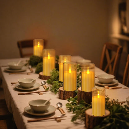wemarry Flameless Candles 4" 5" 6" Acrylic Glass Pillars 3" Diameter Battery Operated Flickering Candles Include 8-Key Remote with Timer Function 400+ Hours (Amber, Warm Light 3 Pack)