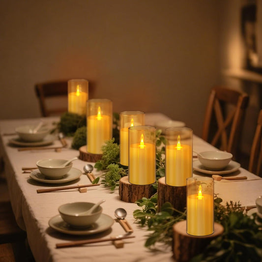 wemarry Flameless Candles 4" 5" 6" Acrylic Glass Pillars 3" Diameter Battery Operated Flickering Candles Include 8-Key Remote with Timer Function 400+ Hours (Amber, Warm Light 3 Pack)