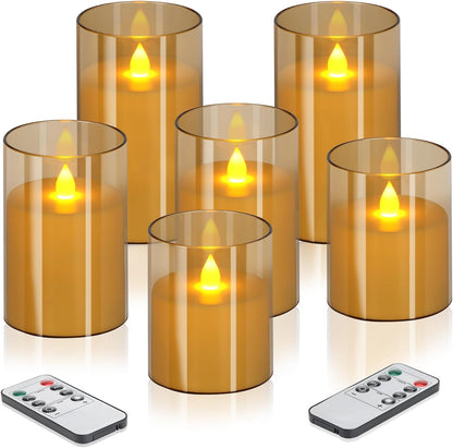 wemarry Flameless Candles 4" 5" 6" Acrylic Glass Pillars 3" Diameter Battery Operated Flickering Candles Include 8-Key Remote with Timer Function 400+ Hours (Amber, Warm Light 3 Pack)