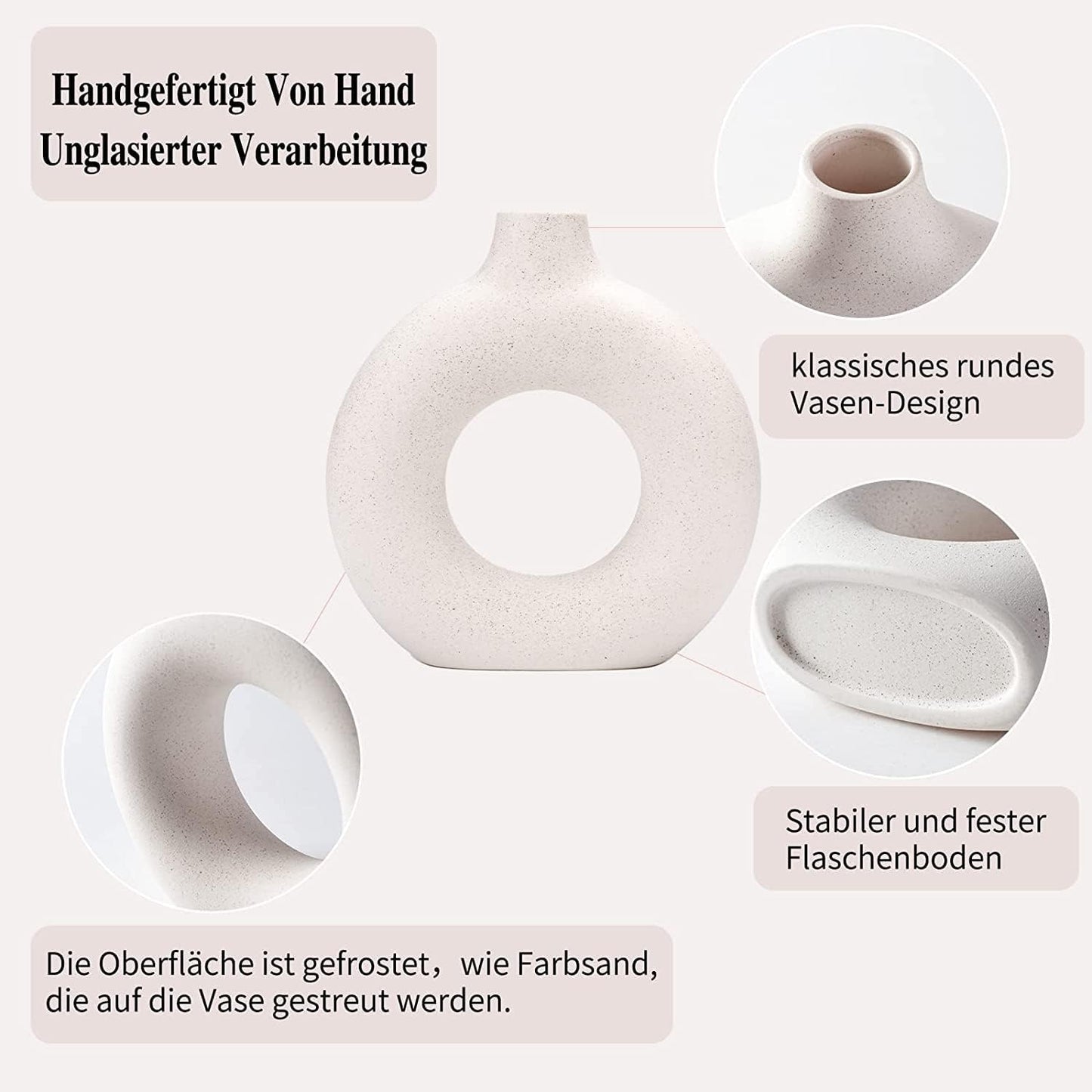 White Ceramic Donut Vase Set of 2, Hollow Matte Pampas Flower Vases for Boho Home Wedding Party Room Dinner Table Shelf Decor.（White）