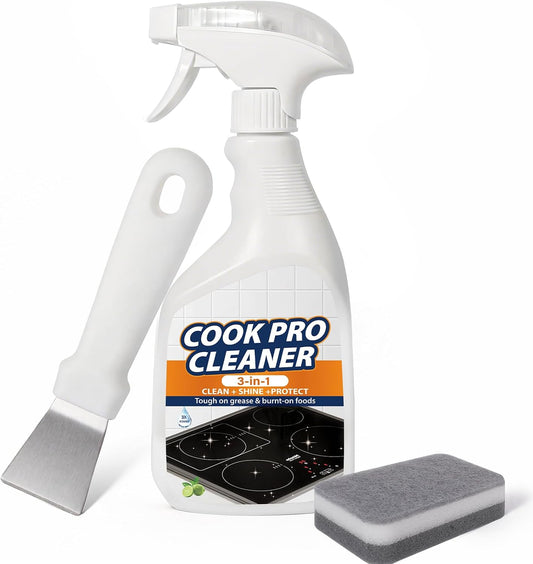 3-in-1 Stove Top and Oven Cleaner Kit - Glass Cooktop Cleaner for Ceramic Electric Gas & Induction Stoves - Includes Heavy Duty Scraper and Double-Sided Sponges for Burnt-on Grease, Oil & Grime