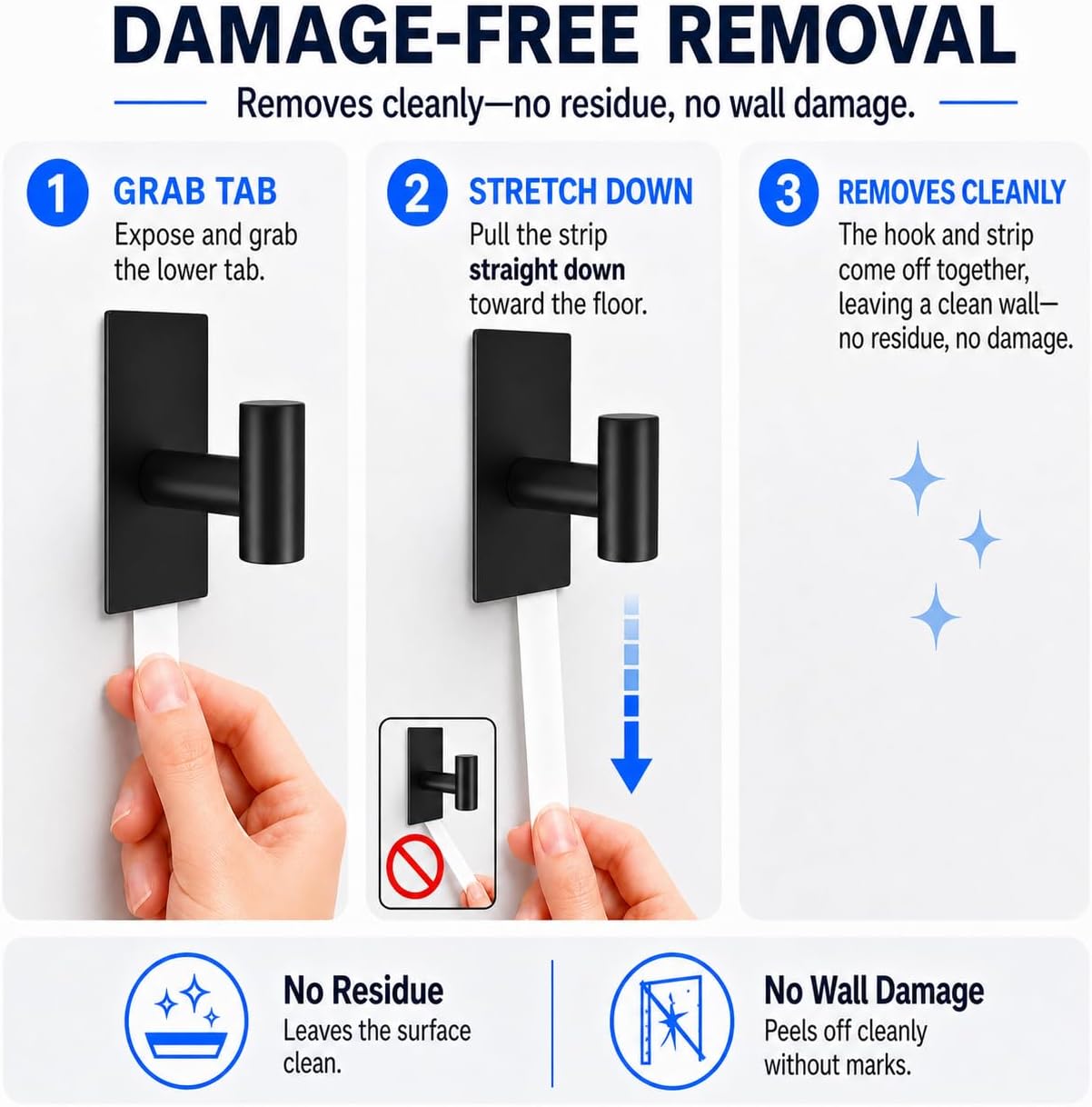 Removable Towel Hooks for Bathrooms, Heavy Duty Adhesive Hooks for Walls No Damage, Black Home Storage Hooks for Inside Shower, Sticky Hooks for Hanging Robe Coat Loofah Clothes Kitchen, 14Pcs Sus304