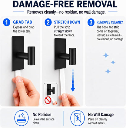 Removable Towel Hooks for Bathrooms, Heavy Duty Adhesive Hooks for Walls No Damage, Black Home Storage Hooks for Inside Shower, Sticky Hooks for Hanging Robe Coat Loofah Clothes Kitchen, 14Pcs Sus304