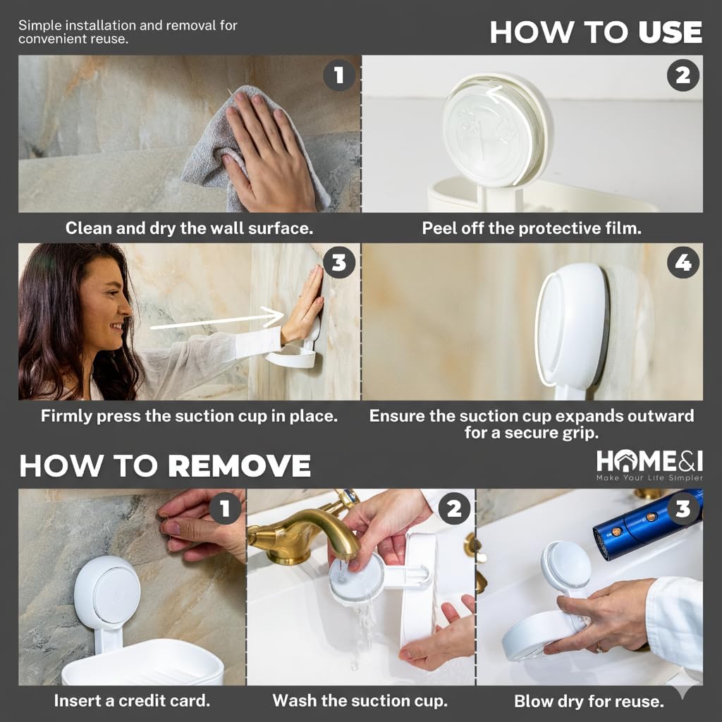 HOME&I Suction Cup Soap Dish Holder for Shower, Dual-Layer Self-Draining Bar Soap Holder, No-Drill Removable Wall Mount Soap Tray for Tile, Glass, Bathroom & Kitchen Sink