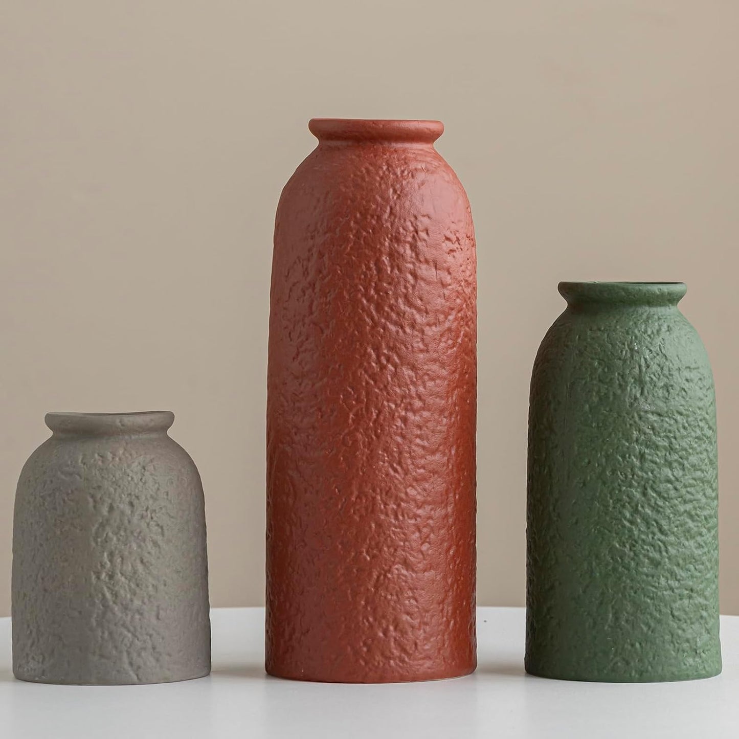Ceramic Vase Set-3, Small Flower Vases for Decor, Modern Boho Farmhouse Style, Decorative Vases for Pampas Grass & Dried Flowers, Distressed Finish (Beige)