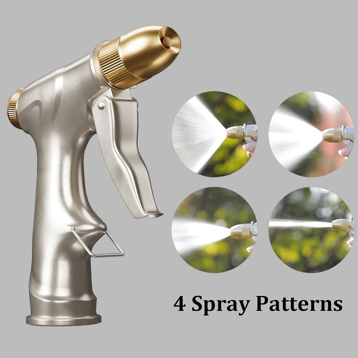 Garden Hose Nozzle Sprayer with Full Brass Nozzle, 100% Heavy Duty Metal Water Sprayer Nozzle Fits 3/4” Garden Hose Thread with 4 Patterns, 360° Rotating Adjustable Nozzle for Plants, Lawns, Cars
