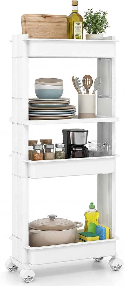 GOFLAME 4-Tier Rolling Utility Cart, Multifunctional Slim Storage Trolley with Detachable Trays and Wheels, Mobile Shelving Unit Organizer for Kitchen, Living Room and Bathroom (20” × 5” × 40”)