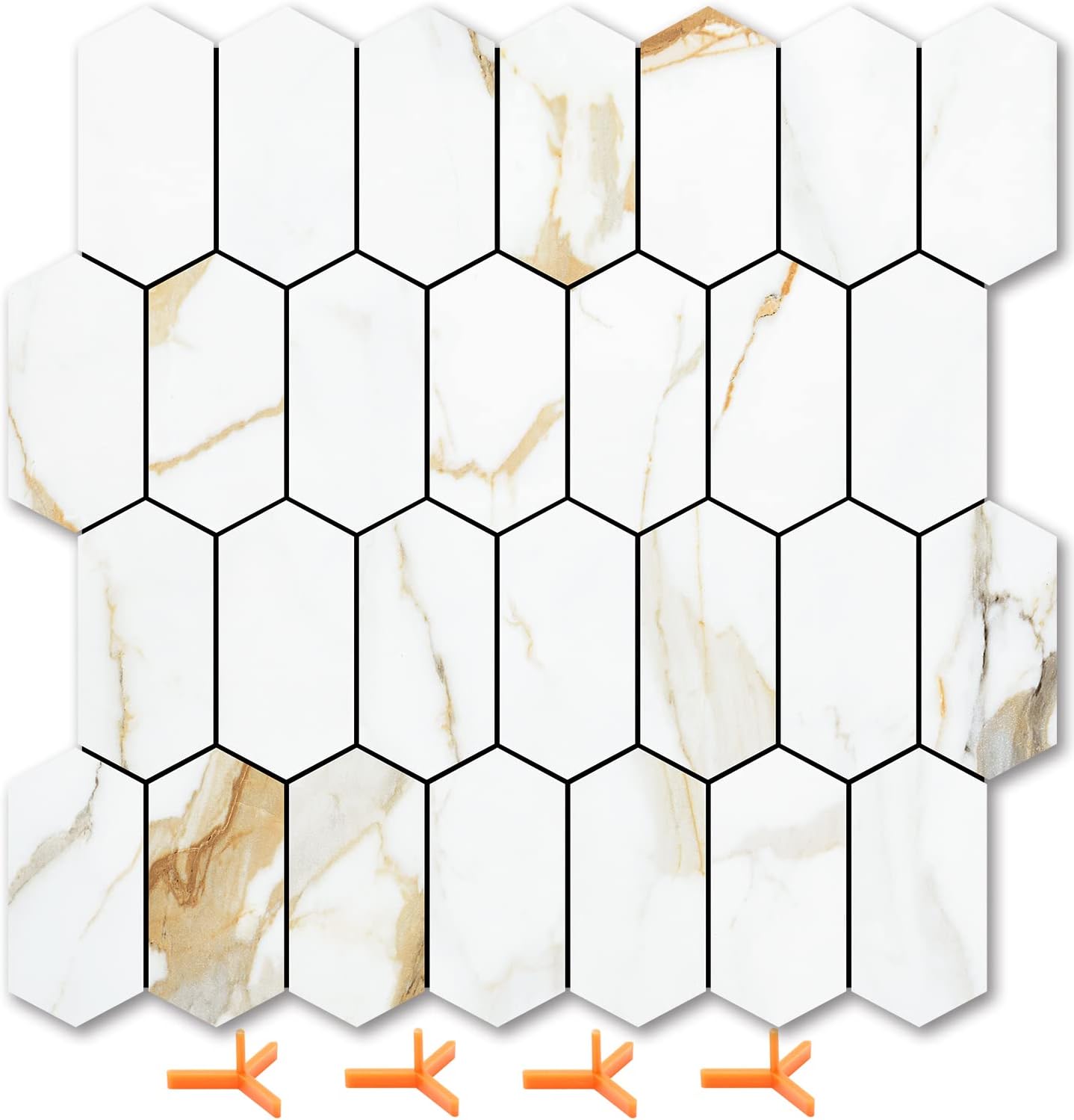 Vamos Tile Long Hexagon Peel and Stick Backsplash Tile - 10 Sheets Stick on Backsplash for Kitchen and Bathroom 12.4 x 12 Inch Glossy Wood Grain PVC Self Adhesive Mosaic Wall Tiles