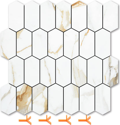Vamos Tile Long Hexagon Peel and Stick Backsplash Tile - 10 Sheets Stick on Backsplash for Kitchen and Bathroom 12.4 x 12 Inch Glossy Wood Grain PVC Self Adhesive Mosaic Wall Tiles