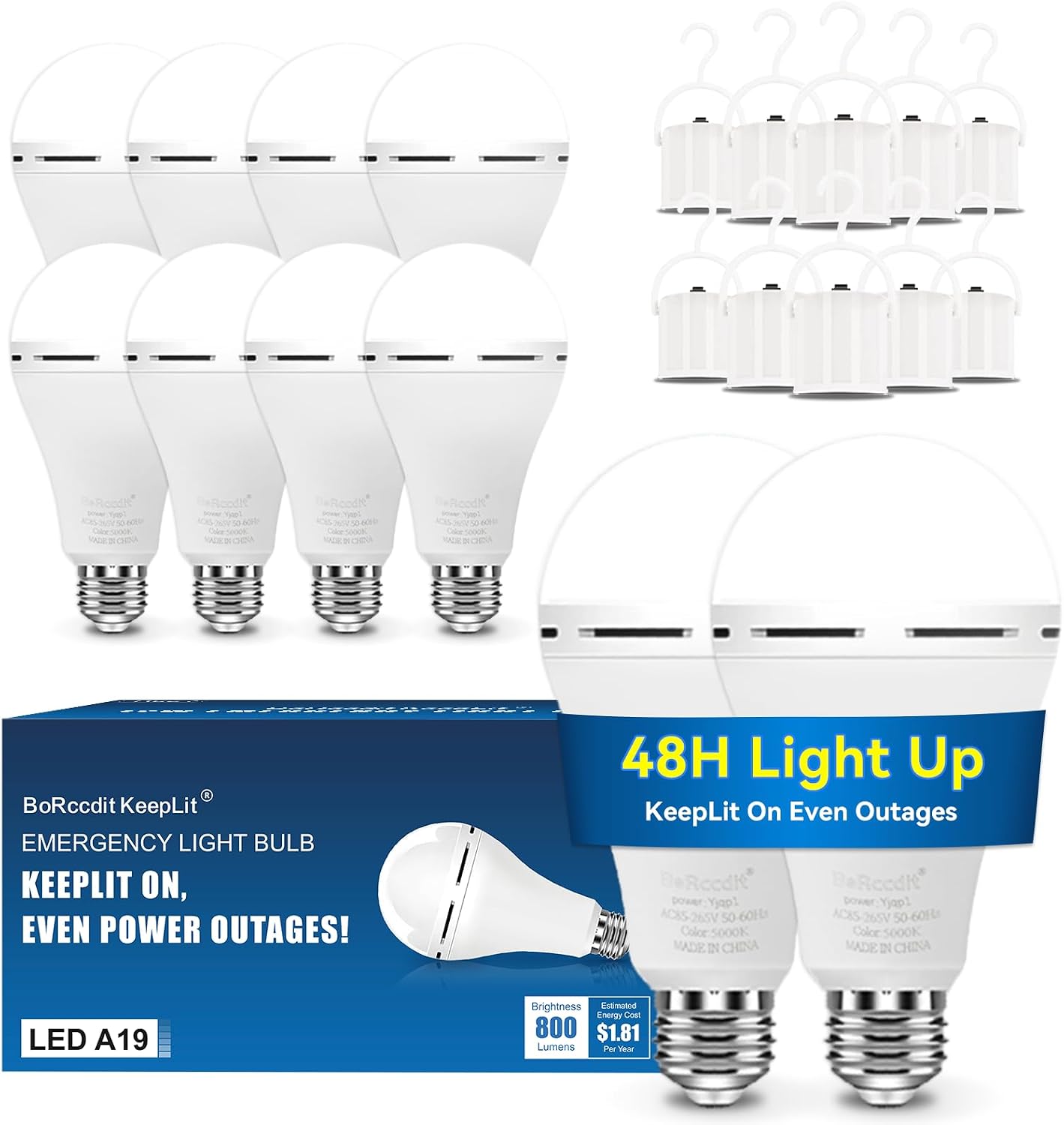BoRccdit A21 6PK Emergency-Rechargeable-Light-Bulb, Keep Lighting During Power Outage, 12W 6500K LED 65W Equivalent Light Bulbs, 1200 mAh Battery Backup Light Bulbs for Home Power Failure