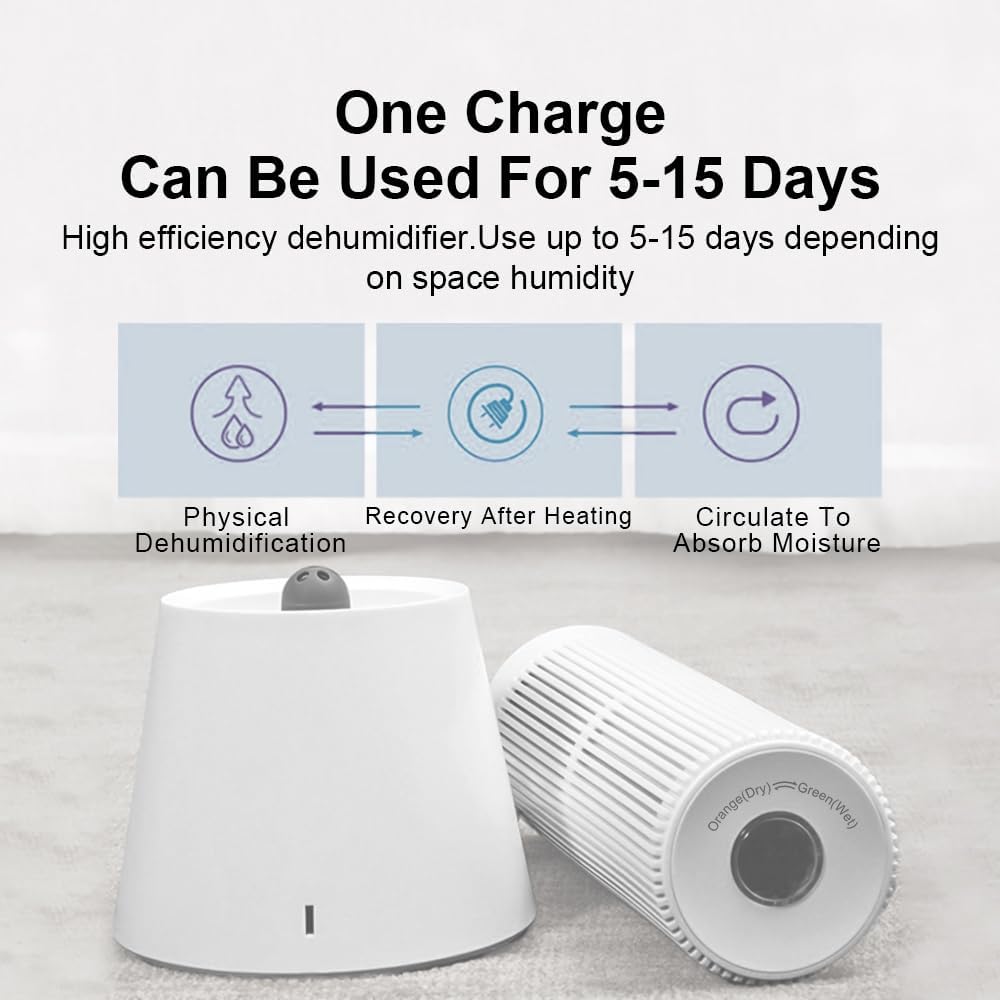 Reusable Cordless Gun Safe Mini Dehumidifier, Rechargeable with Heating Base, Quiet Small Portable Drier Stick for Space Room Bathroom Closet Car RV Boat Cabinet TOP-X-White 2+1