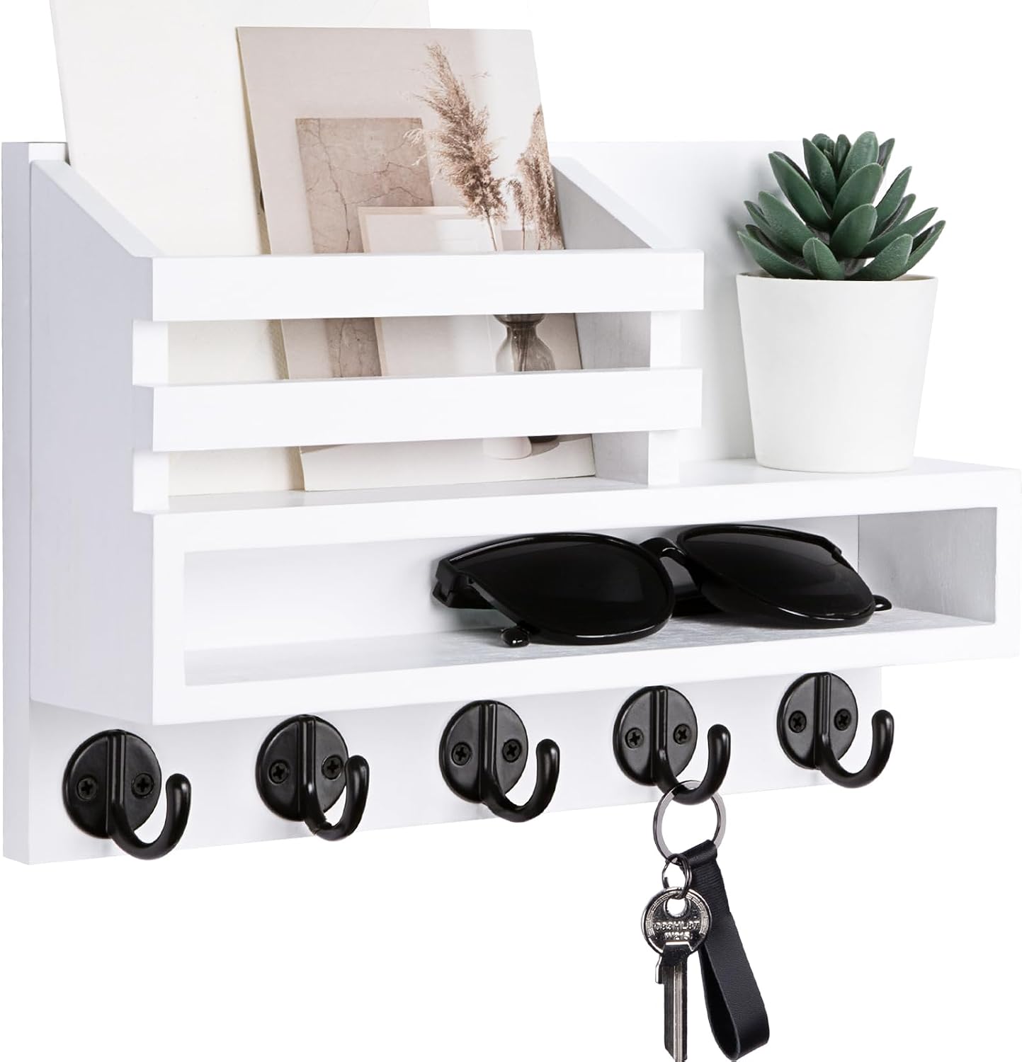 Key and Mail Holder Wall Mount, Key Hanger with Long Storage Box and 5 Hooks for Coat, Dog Leash, Home Decor Rack, House Accessories, Entry Way Organizer 11.8”W x 7.8”H x 3.2”D