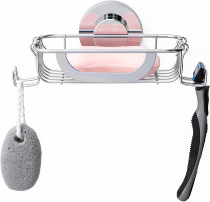 Soap Dish, Soap Bar Holder for Shower Suction Cup with 4 Hooks Wall Mounted, Stainless Steel No-Drilling Removable Waterproof Sponge Holder for Bathroom Bathtub Kitchen Sink, Black