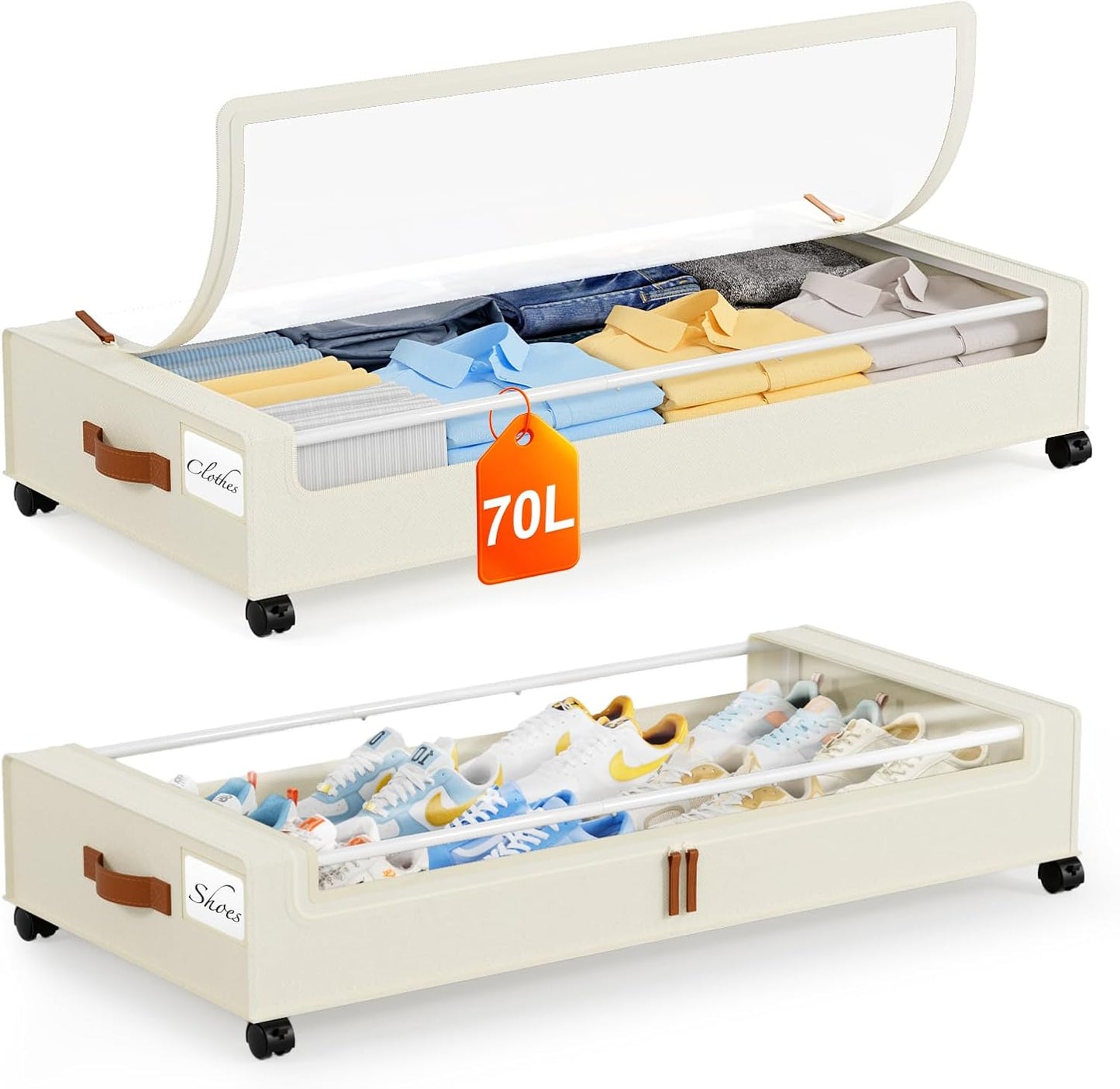 Yecaye Under Bed Storage with Wheels, 2 Pack Under Bed Storage Containers, 60L Underbed Shoe Storage with Clear Window & Label, Rolling Under Bed Metal Drawer for Clothes, Shoes, Books, Blankets