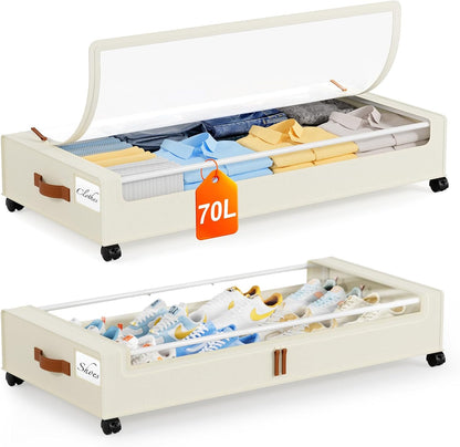 Yecaye Under Bed Storage with Wheels, 2 Pack Under Bed Storage Containers, 60L Underbed Shoe Storage with Clear Window & Label, Rolling Under Bed Metal Drawer for Clothes, Shoes, Books, Blankets