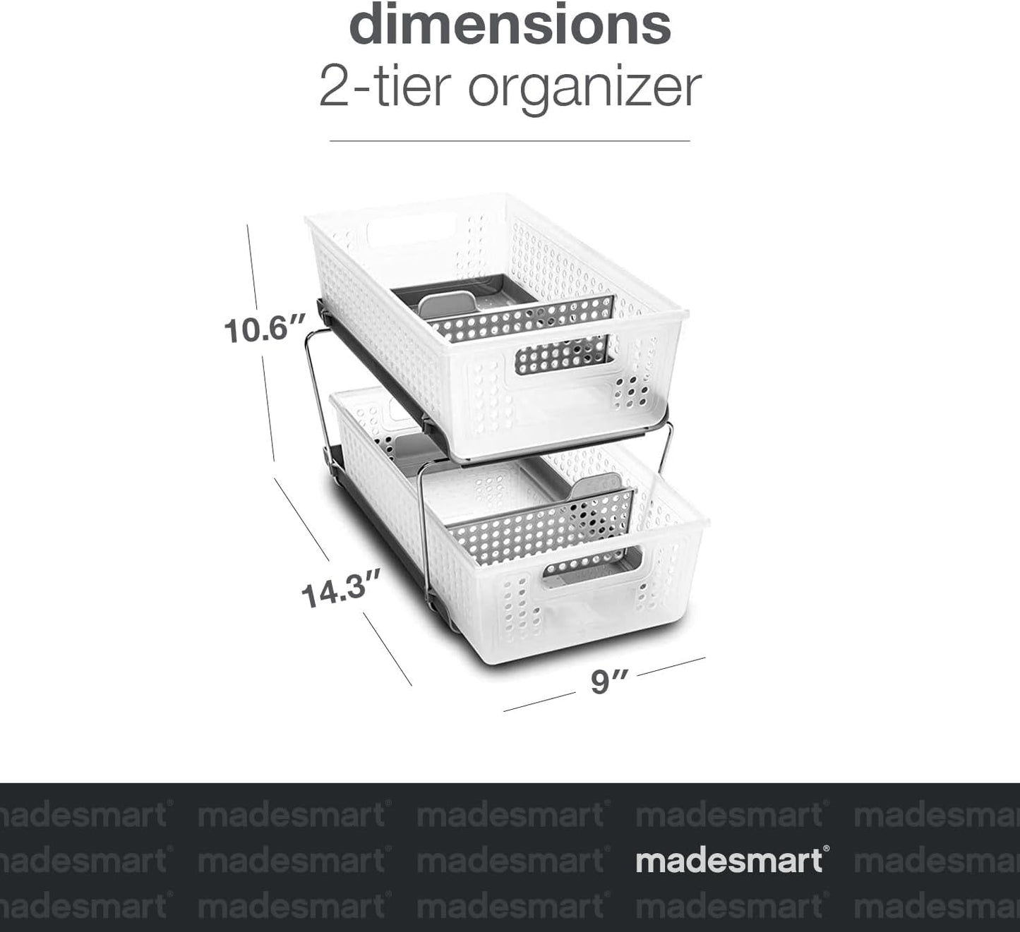 madesmart 2 Tier Organizer, Under Cabinet Storage with Pull Out Sliding Drawers, for Cleaning Supplies, Pantry, Undersink, Sponges, Bottles & Bath, Pull Out Baskets, Frost 2 PACK