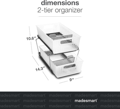 madesmart 2 Tier Organizer, Under Cabinet Storage with Pull Out Sliding Drawers, for Cleaning Supplies, Pantry, Undersink, Sponges, Bottles & Bath, Pull Out Baskets, Frost 2 PACK