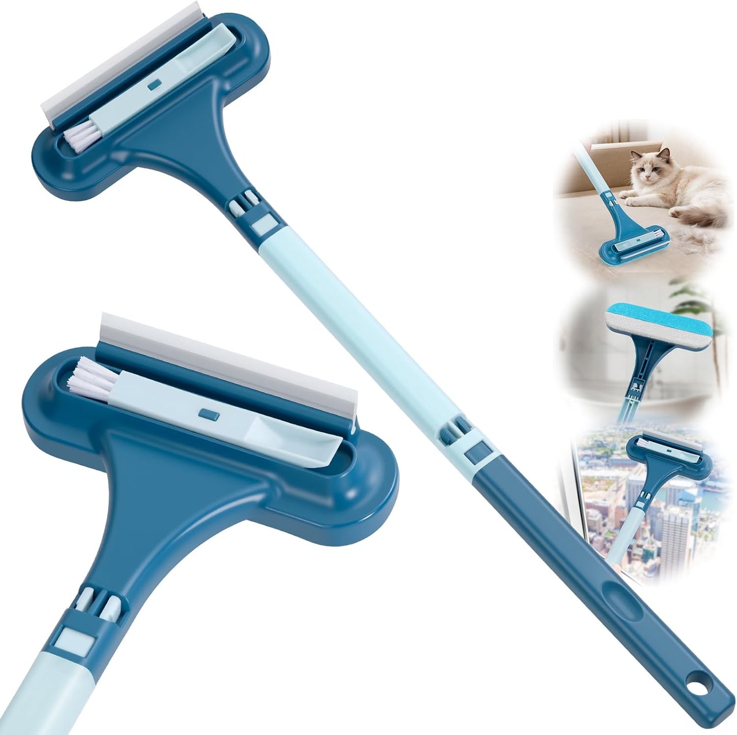 3-in-1 Screen Cleaning Brush with Squeegee - Window Mesh Cleaner & Pet Hair Remover for Couch, Multi-Use Crevice Tool for Patio and Porch Screens (Cyan Blue)