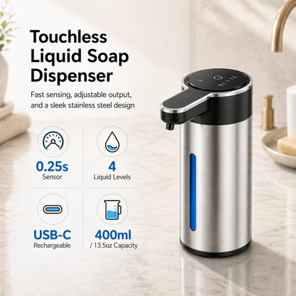 Automatic Foaming Soap Dispenser Touchless, 304 Stainless Steel Hand Soap Dispenser, USB Rechargeable, 4 Adjustable Levels, 13.5 oz (400 ml), for Kitchen & Bathroom (Black, Foam)