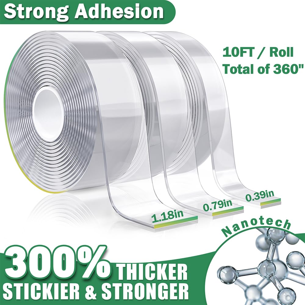 UGNEL 3 Rolls Double Sided Tape Heavy Duty - Total 30FT, Extra Strong Nano Tape Adhesive Strips Tape, Clear Mounting Tape Removable Two Sided Adhesive Tape for Walls, Posters, Rug, Picture Hanging