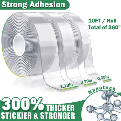 UGNEL 3 Rolls Double Sided Tape Heavy Duty - Total 30FT, Extra Strong Nano Tape Adhesive Strips Tape, Clear Mounting Tape Removable Two Sided Adhesive Tape for Walls, Posters, Rug, Picture Hanging