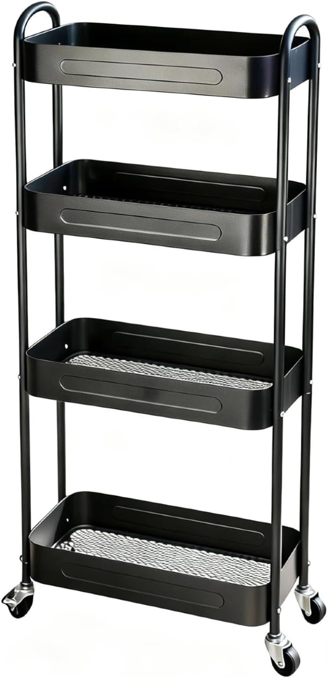 3 Tier Slim Metal Rolling Storage Cart for Laundry Room & Kitchen Organizer, 7.1'' Thin Standing Shelf for Narrow Spaces, Utility Cart with Wheels & Lockable Casters for Bathroom, Black