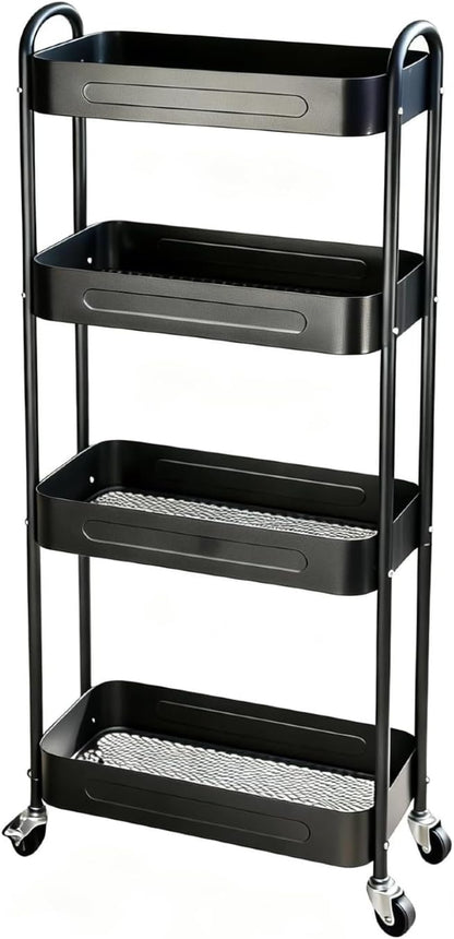 3 Tier Slim Metal Rolling Storage Cart for Laundry Room & Kitchen Organizer, 7.1'' Thin Standing Shelf for Narrow Spaces, Utility Cart with Wheels & Lockable Casters for Bathroom, Black