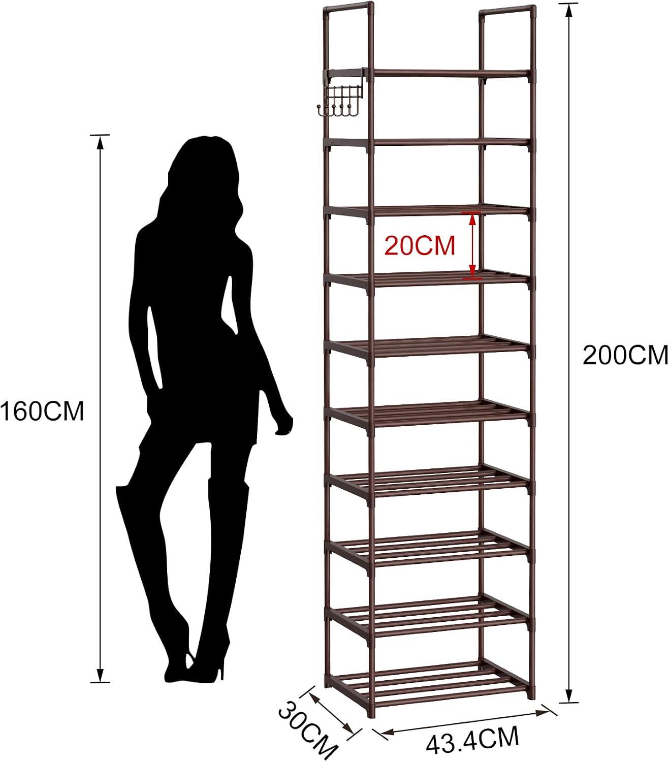 Narrow Shoe Rack 10 Tiers Tall Shoe Rack for Entryway Closet 20 24 Pairs Shoe & Boots Organizer Storage Shelf Durable Black Metal Stackable Shoe Cabinet with Hooks, 17.1D x 11.8W x 78.7H in