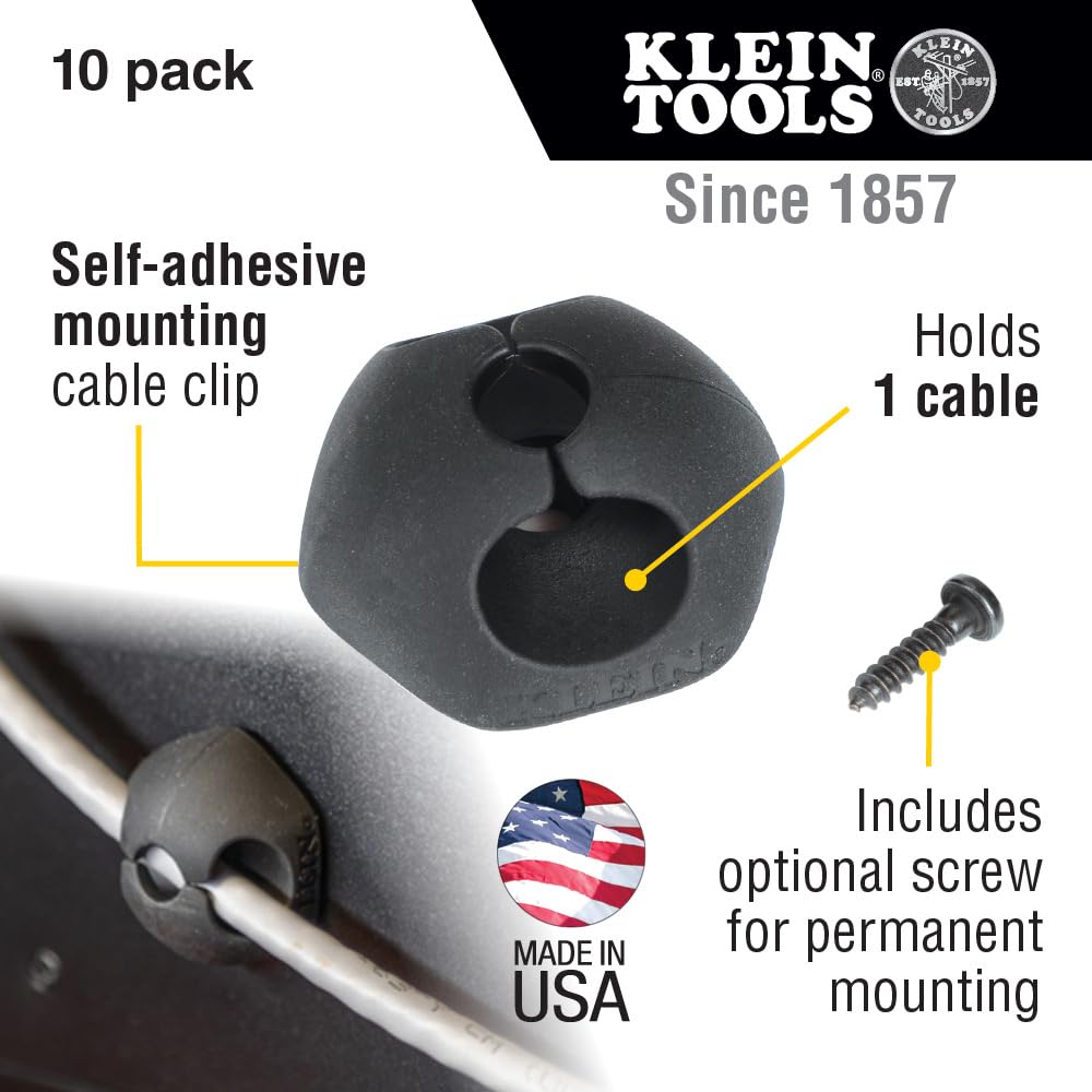 Klein Tools 450-410 Cable Clips, Made in USA, Self-Adhesive 3-Slot Cable, Cord Management Mounting Clips, Optional Screw for Permanent Mounting, 10-Pack