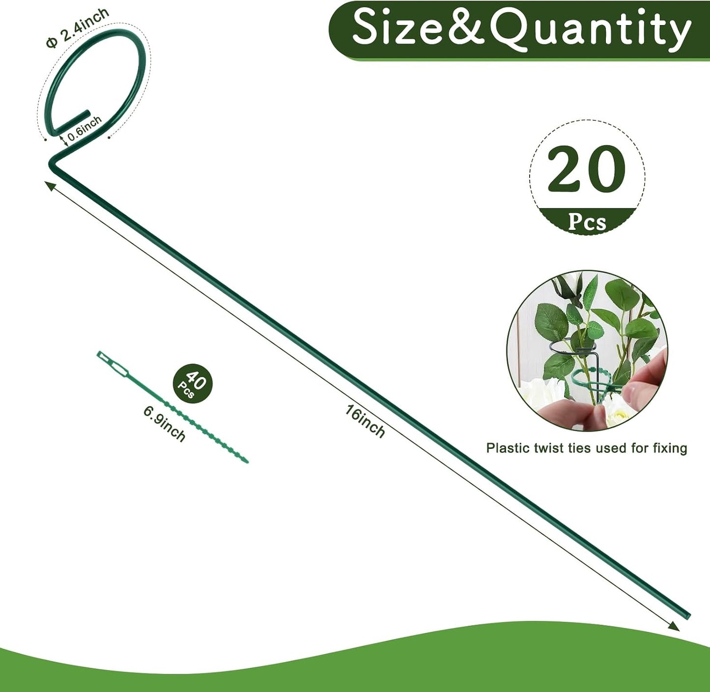 FEED GARDEN 16 Inch 12 Pack Plant Support Stakes, Metal Garden Flower Stakes and Supports for Outdoor Plants, Plant Stem Support with 24 Twist Ties for Amaryllis Lily Rose Peony Tomatoes Gladiolus
