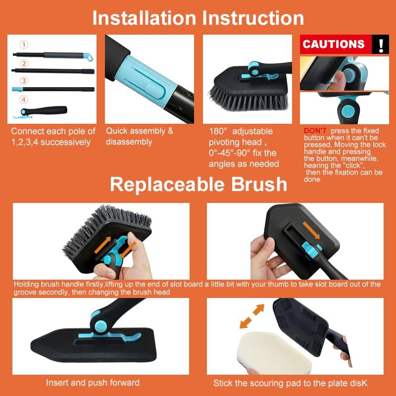 Long Handled Scrub Brush for Shower，3-in-1 Cleaning Brushes with 3 Different Function Cleaning Heads Brush for Shower Cleaning Bathroom Kitchen Walls Tub Tile