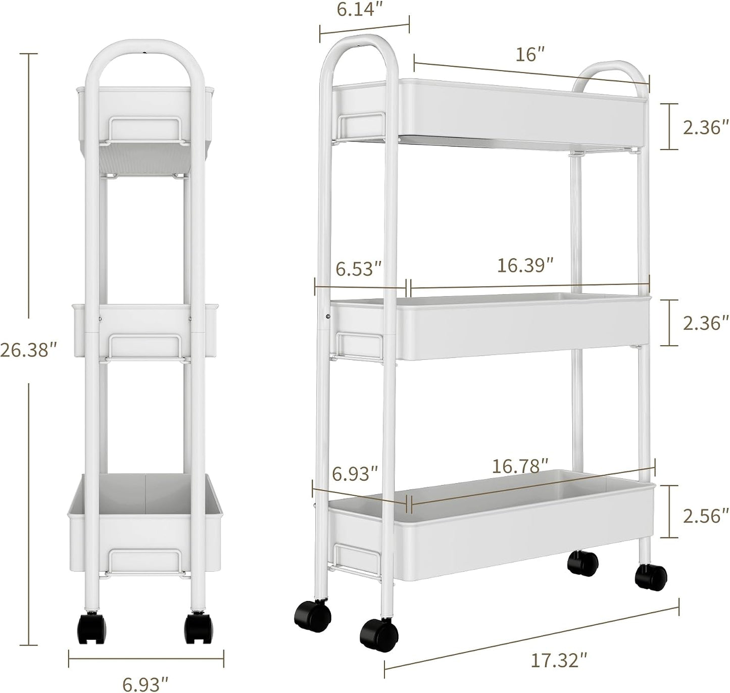 Slim Rolling Cart, Metal Frame Utility Rolling 3-Tier Narrow Storage Cart with Handle Kitchen Storage Organizer, Mobile Shelving Unit for Bathroom Kitchen