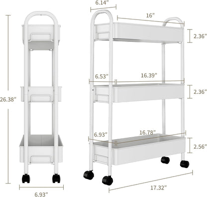 Slim Rolling Cart, Metal Frame Utility Rolling 3-Tier Narrow Storage Cart with Handle Kitchen Storage Organizer, Mobile Shelving Unit for Bathroom Kitchen