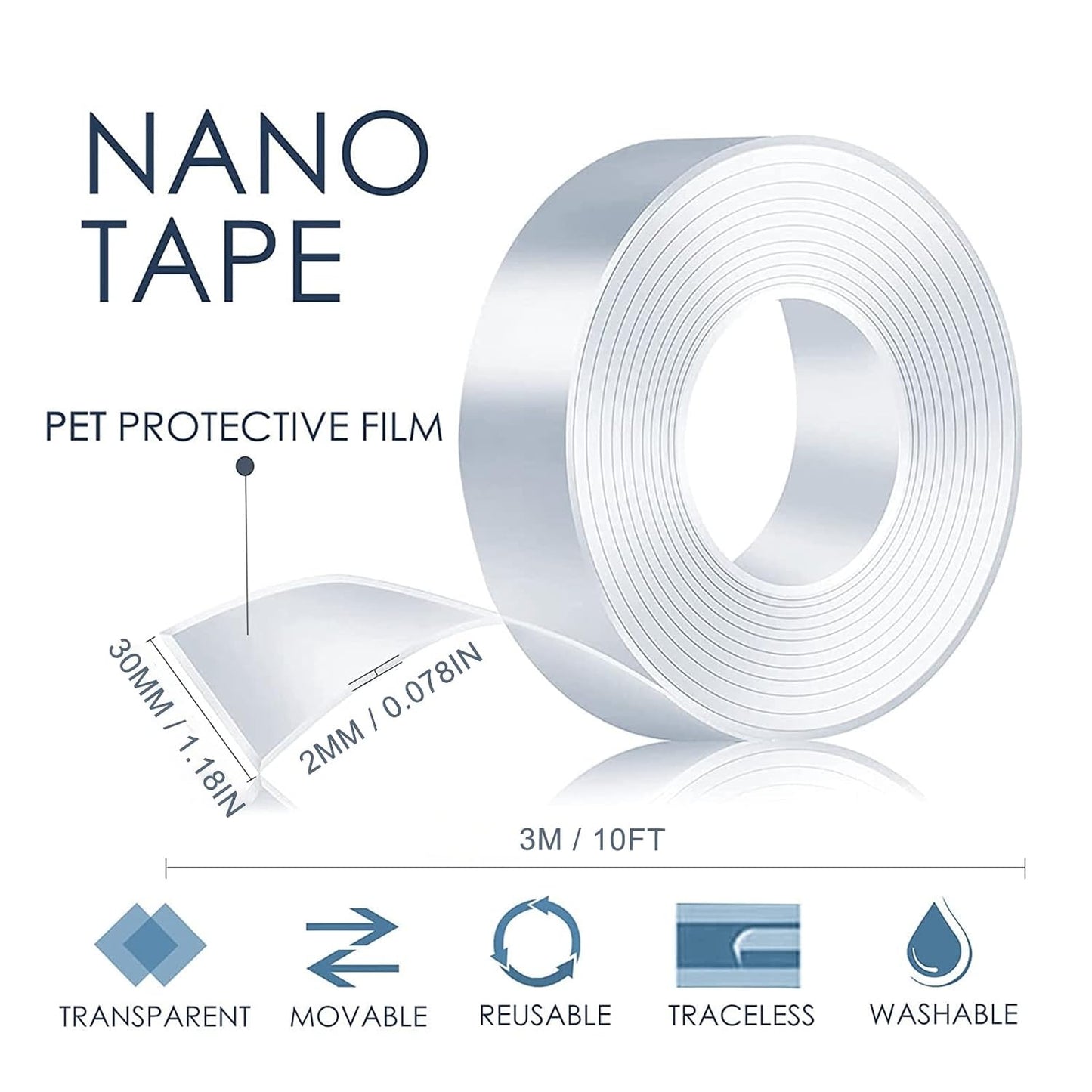 Nano Double Sided Tape Heavy Duty - 2 Inch x 10 Ft | Clear Removable Nano Tape, Acrylic Double Sided Tape, Multipurpose Mounting Adhesive Tape, Reusable Washable Sticky Tape
