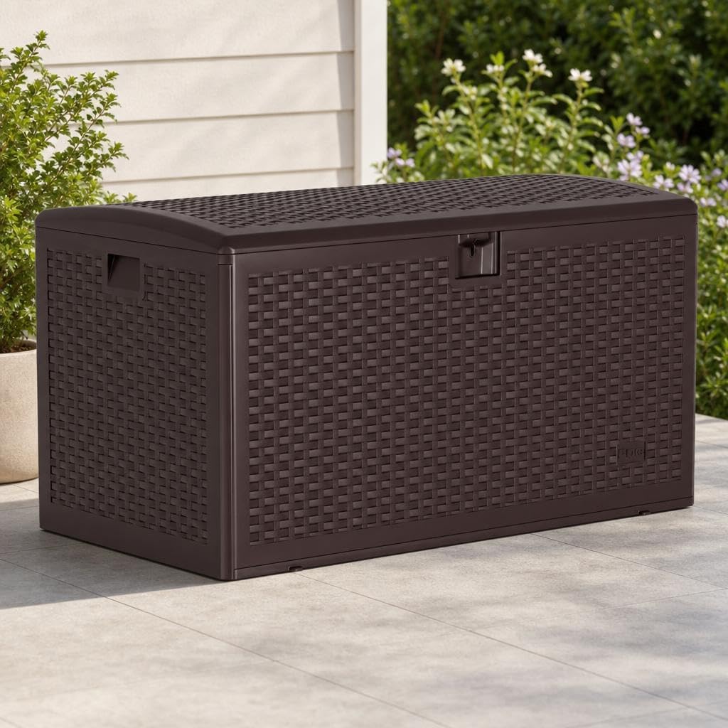 73 Gallon Lockable Outdoor Storage Bench Box, Waterproof & UV Resistant Patio Deck Container for Cushions, Pool Supplies & Yard Toys