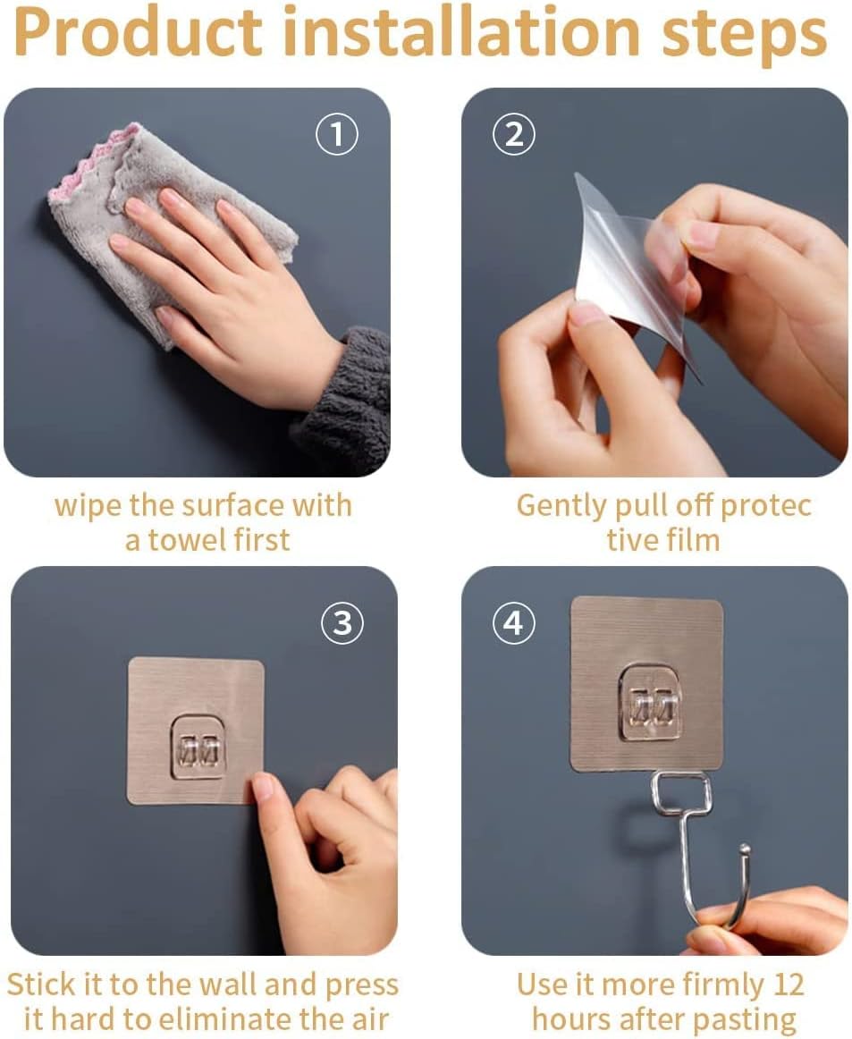 Large Adhesive Hooks 22Ib(Max),Waterproof and Rustproof Wall Hooks for Hanging Heavy Duty,Stainless Steel Towel and Coats Hooks to use Inside Kitchen Bathroom Home and Office 8 Pack (Transparent)